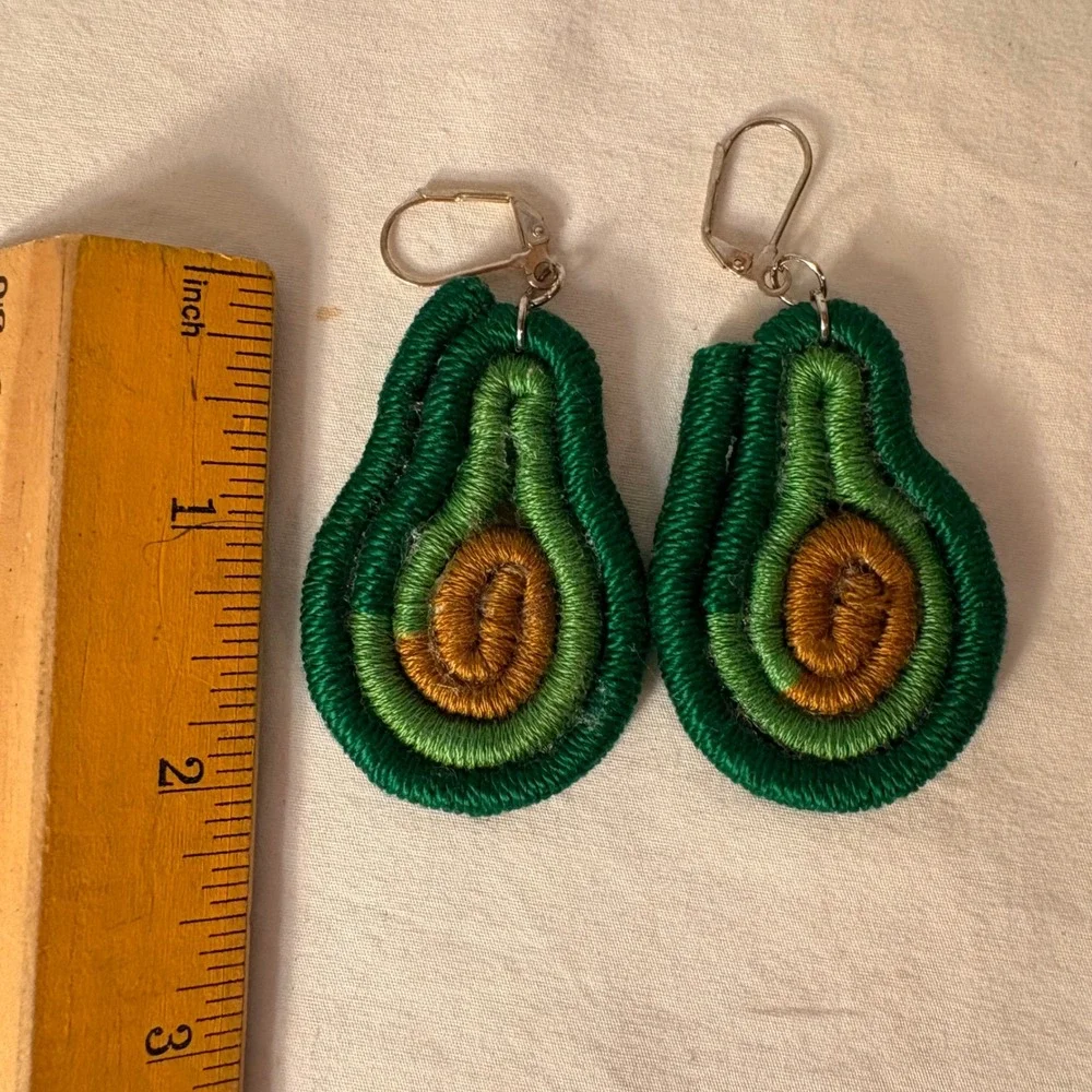 Handmade Embroidered Avocado‎ Drop Earrings Fun Novelty Fruit Dangle Drop